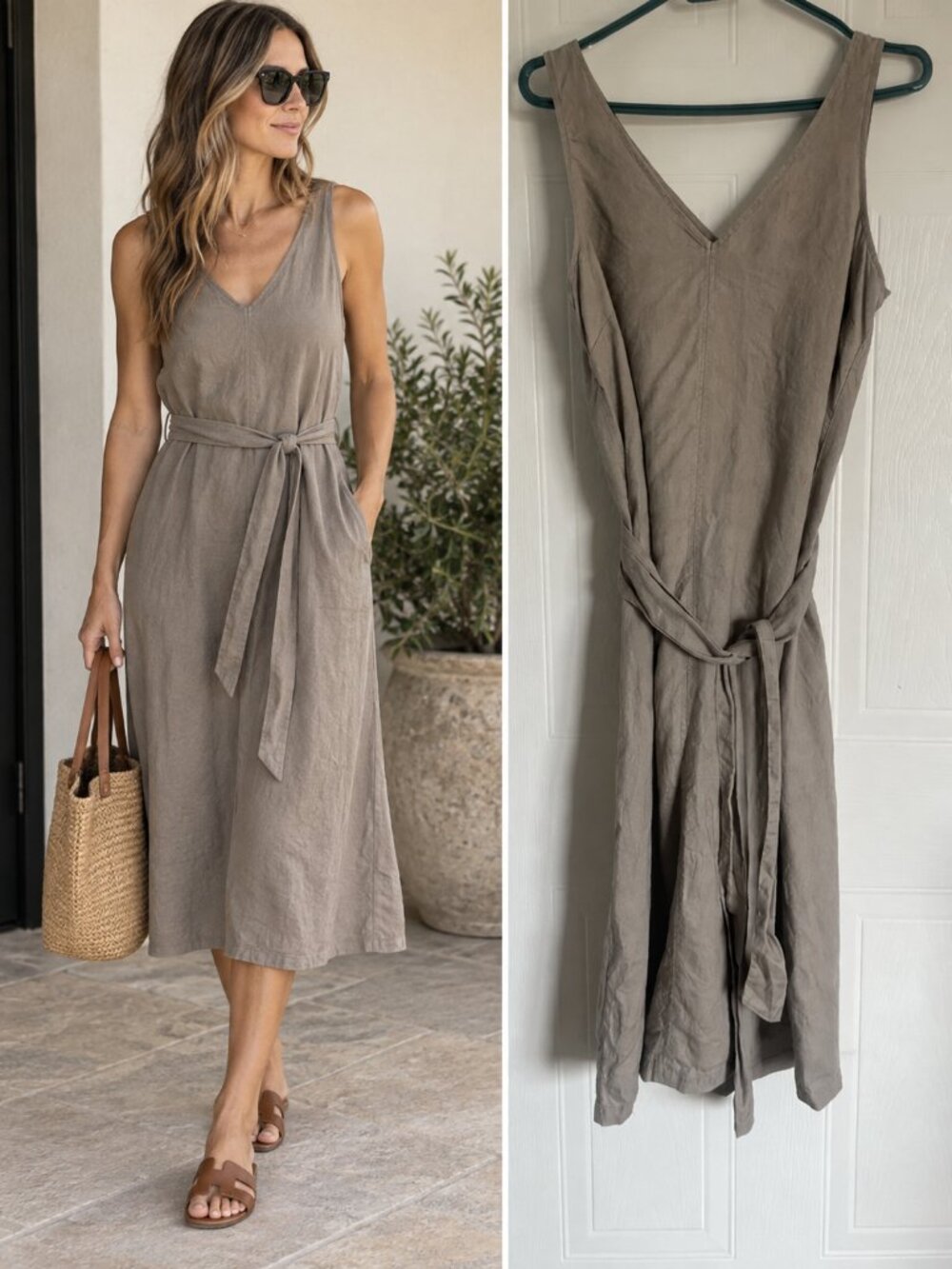 Adrienne Vittadini Greige Linen Midi Dress Sleeveless Tie Waist Quiet Luxury S
